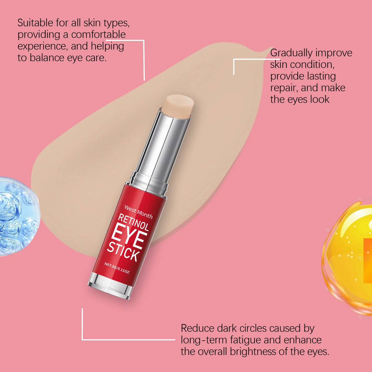 Retinol Eye Cream Stick - Firms and Elasticizes Skin, Moisturizes and Massages to Care for the Eye Area