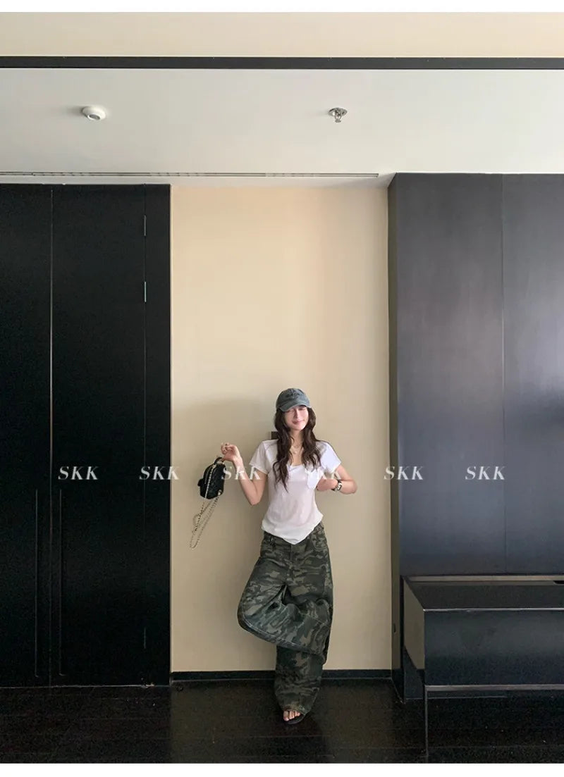 YJKDYK High Waist Camouflage Workwear Jeans Women's Autumn Spring American Retro Wide Leg Floor-Length Pants Trendy High Street