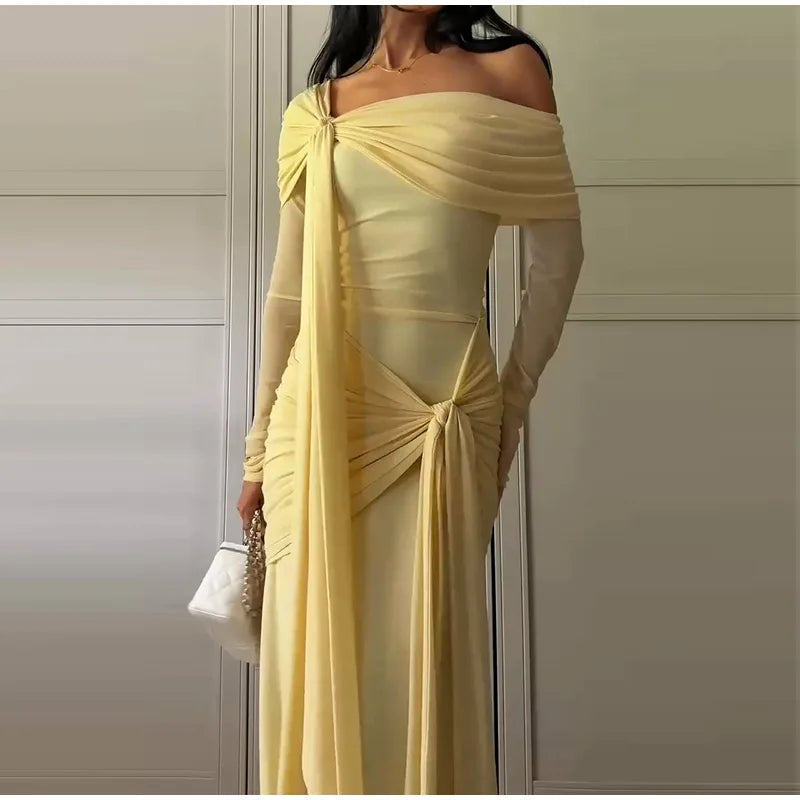 Elegant Solid Lace Up Dress Women's Off The Shoulder Long Sleeve Draped Dresses 2026 Spring New Female Chic Party Robes ﻿