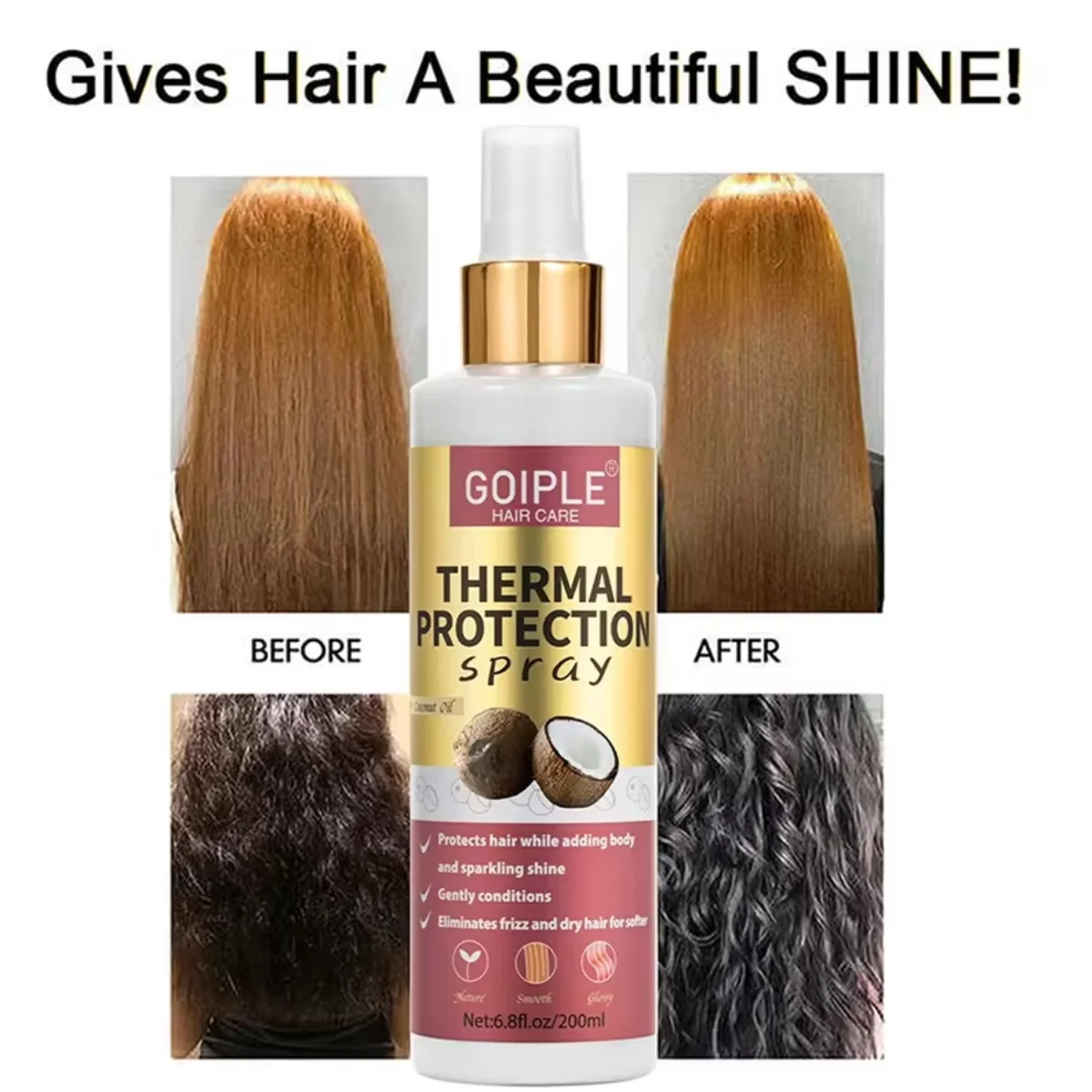 GOIPLE Coconut Thermal Protector Spray Hair Protectant Paraben Dye Free Protects Heat Damage Suitable for Men & Women Daily Care
