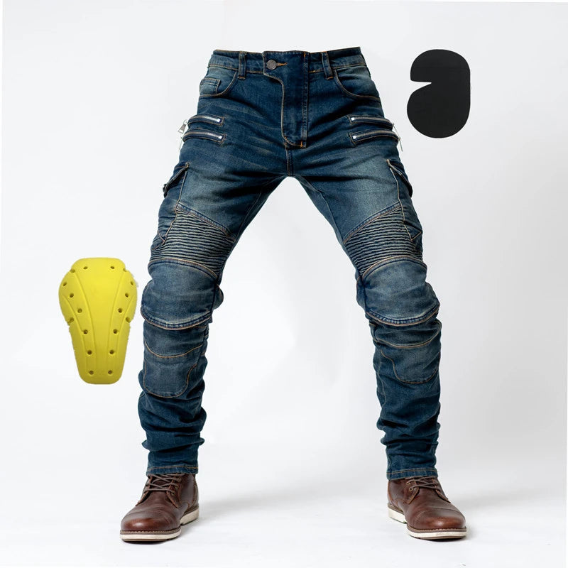 Motorcycle Riding Jeans Men Multi-Pockets Riding Pants with Knee Pads Casual Denim Trousers Solid Fashion Cargo Pant Biker New