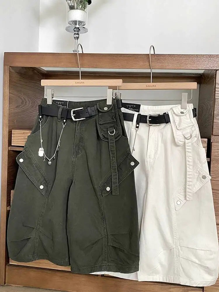 Women Denim Shorts 2026 New Summer Women's High Waist Slim Denim Cargo Pants Wide Leg Capri Pants Versatile Trousers