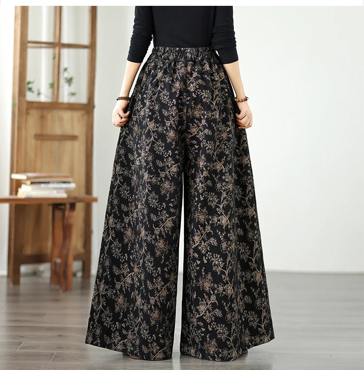 Denim Wide-leg Pants For Women 2025 Autumn New Style Printed Elastic Waist Loose Oversized Casual Denim Straight Pants