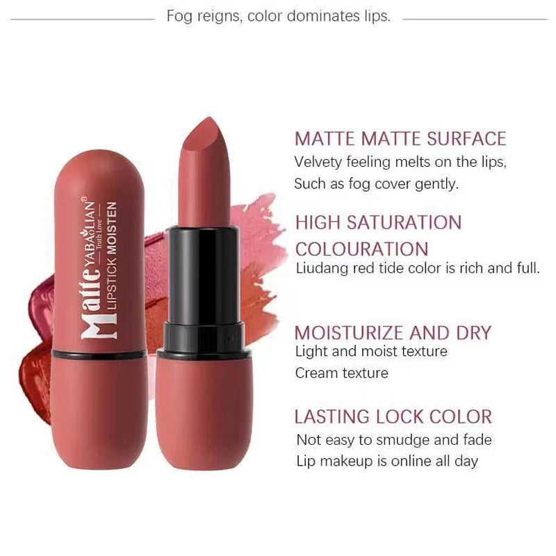 YABAOLIAN Matte Moist Lipstick Velvet Nude Lip Stick Long Lasting Waterproof High Pigment Non Dry 6 Shades Daily Makeup