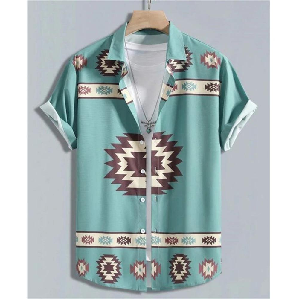 3D Printed Ethnic Men's Hawaiian Shirts Vintage Button Short Sleeve Lapel Retro Streetwear Hawaiian Blouse shirts for men Summer