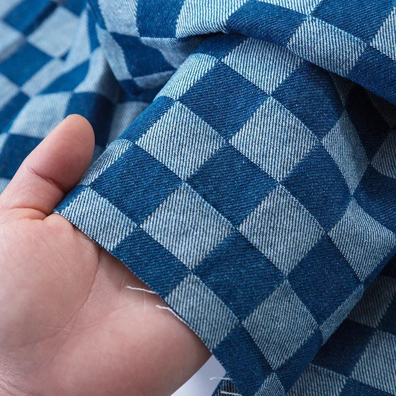 100% Cotton Jacquard Denim Fabric Plaid Jeans By The Meter for Dress Shirt Designer Clothing Sewing Washed Thickened Cloth Blue