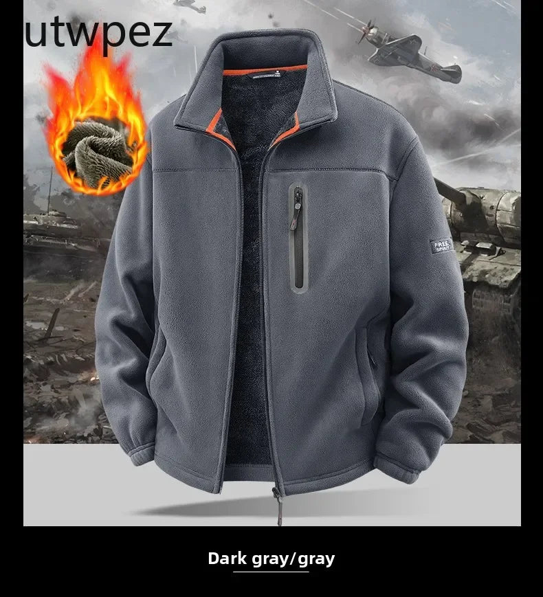 Outdoor High Collar Windproof Ski Sweatshirt Coat Man Snow Winter Warm Fleece Jacket Men Climbing Double Thickened Pocket Jacket