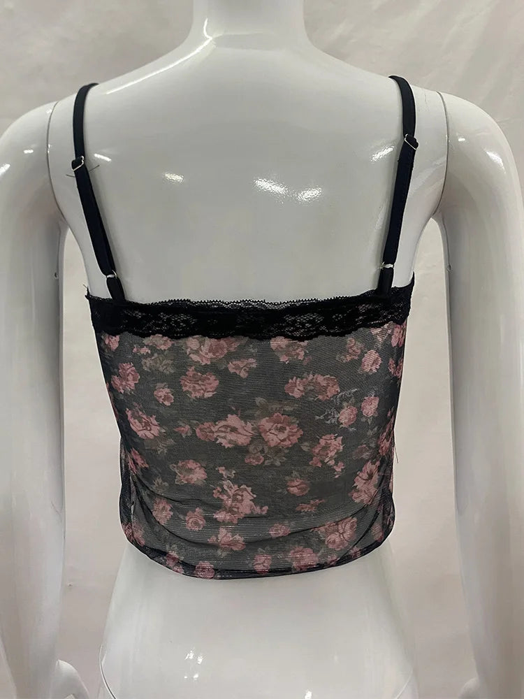 Summer women's retro floral vest with lace trim, V-neck adjustable sexy short vest, suitable for daily street casual Y2K vest