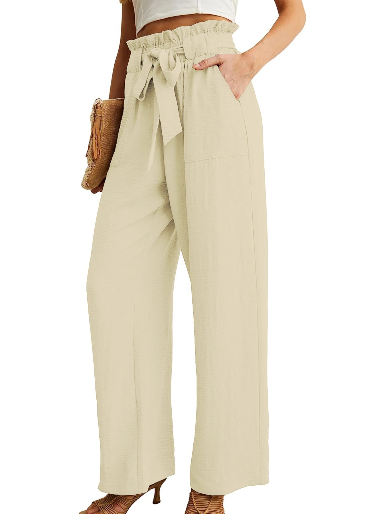 Women's High Waist Wide Leg Casual Pants with Pockets Adjustable Drawstring Loose Slimming Comfortable for Vacation