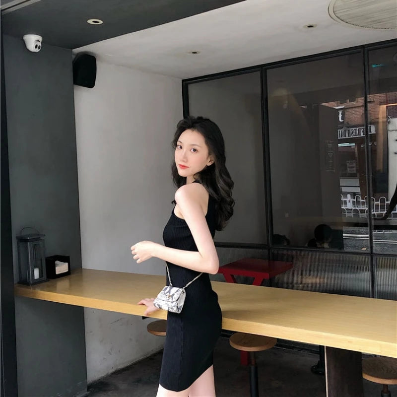 Summer New Style Hong Kong Flavor Slimming Sexy Girl Neck Hanging Bodycon Dress Shoulder Exposure Knitted Strap Dress Women