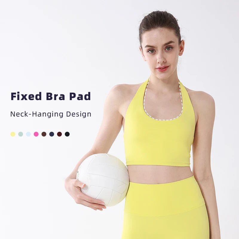 Sports Top Women Sexy Hanging Neck Yoga Bra High Intensity Shockproof Fixed Chest Pad Running Fitness Outdoor Leisure Yoga Vest