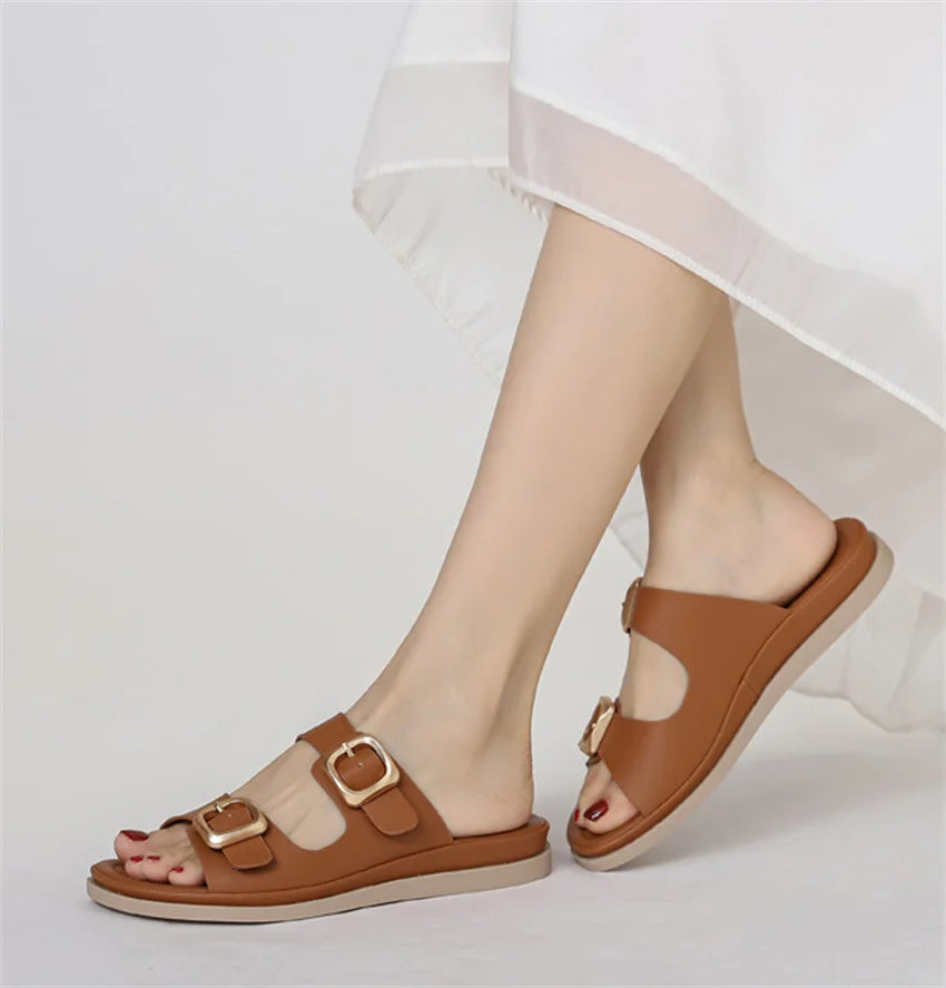Casual Slippers Women PU Leather Open Toe Double Buckle Flat Summer Outdoors Non-Slip Soft Soles Slip On Beach Footwear Slippers