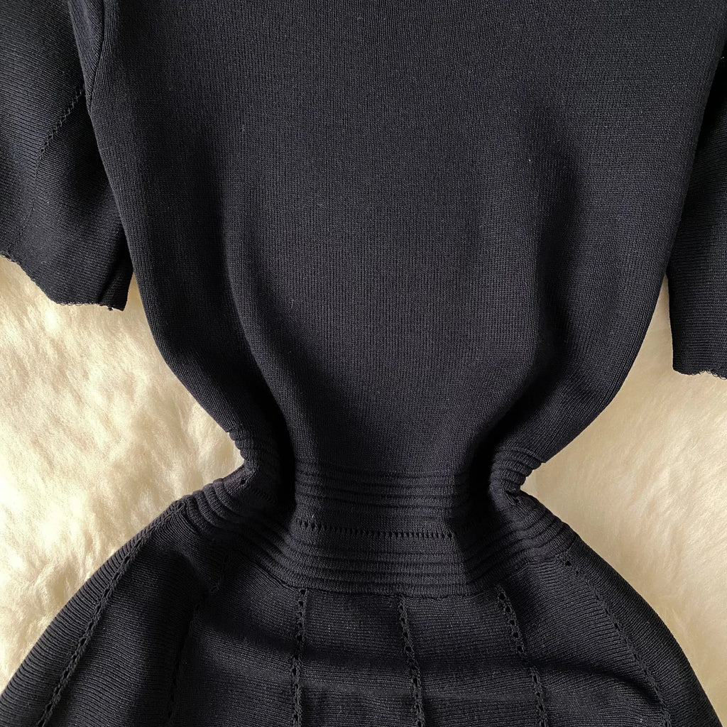 Red Senior Solid Knitting Dress Ladies O-Neck Short Sleeve Hollow Out Design Elastic Knitted Fashion Basic A-Line Dress