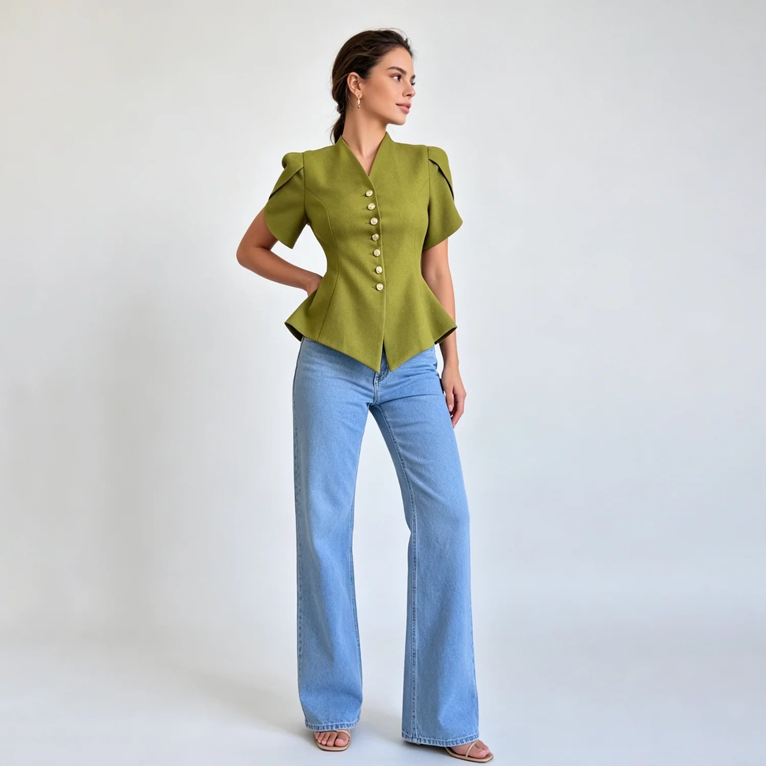 LIMO Peplum Blazer Top with V-Neck, Puff Sleeves and Decorative Buttons