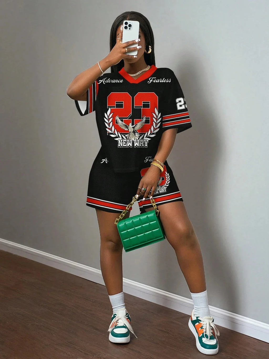 New Summer American Street Trend Spicy Girl Ins Style 33 Jersey Element T-shirt Set Casual Oversized  Top Shorts FamilyMatching
