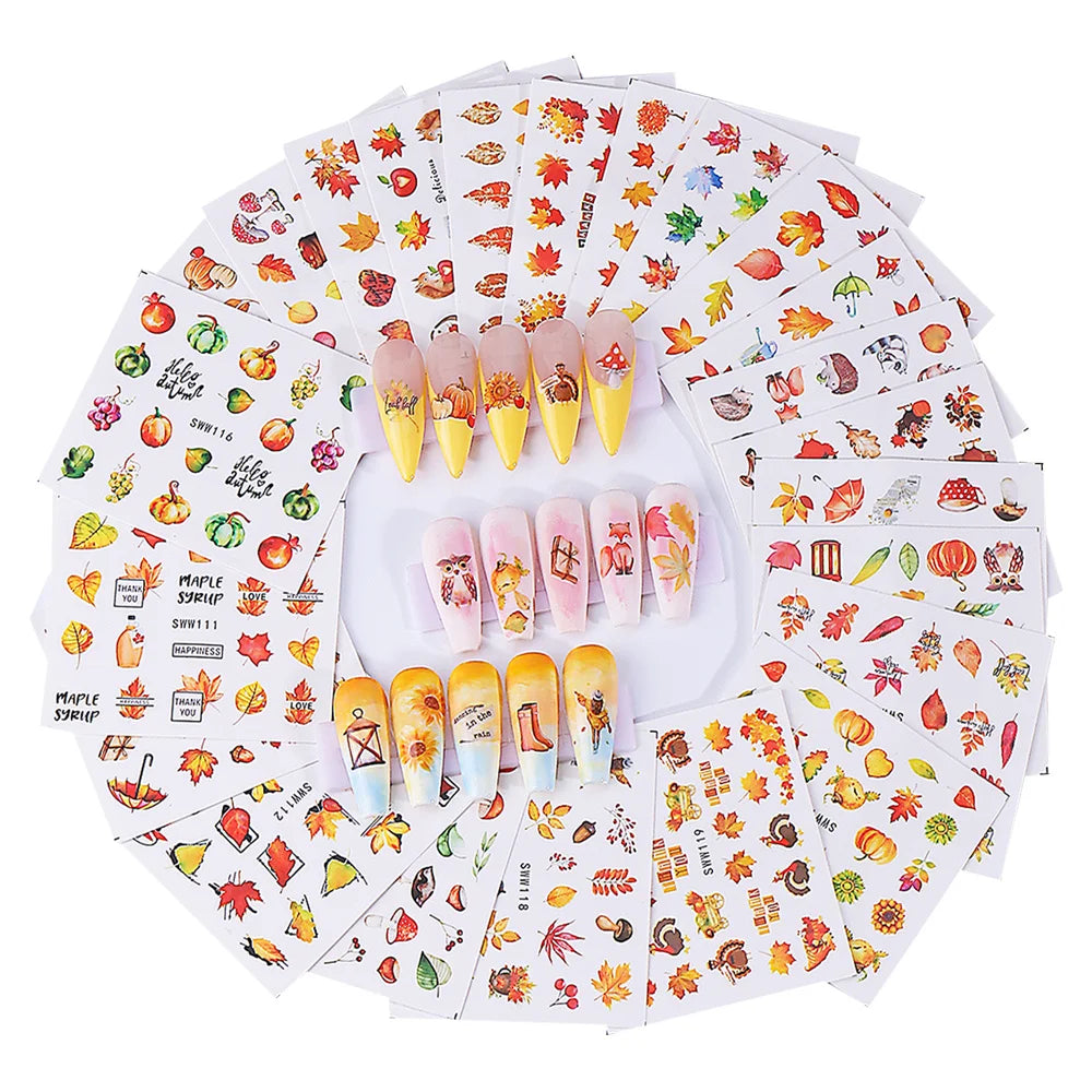 24pcs Fall Maple Leaf Nail Stickers Water Transfer Decals Geometry Leaves Mushroom Turkey Pumpkin Squirrel Design Manicure Decor