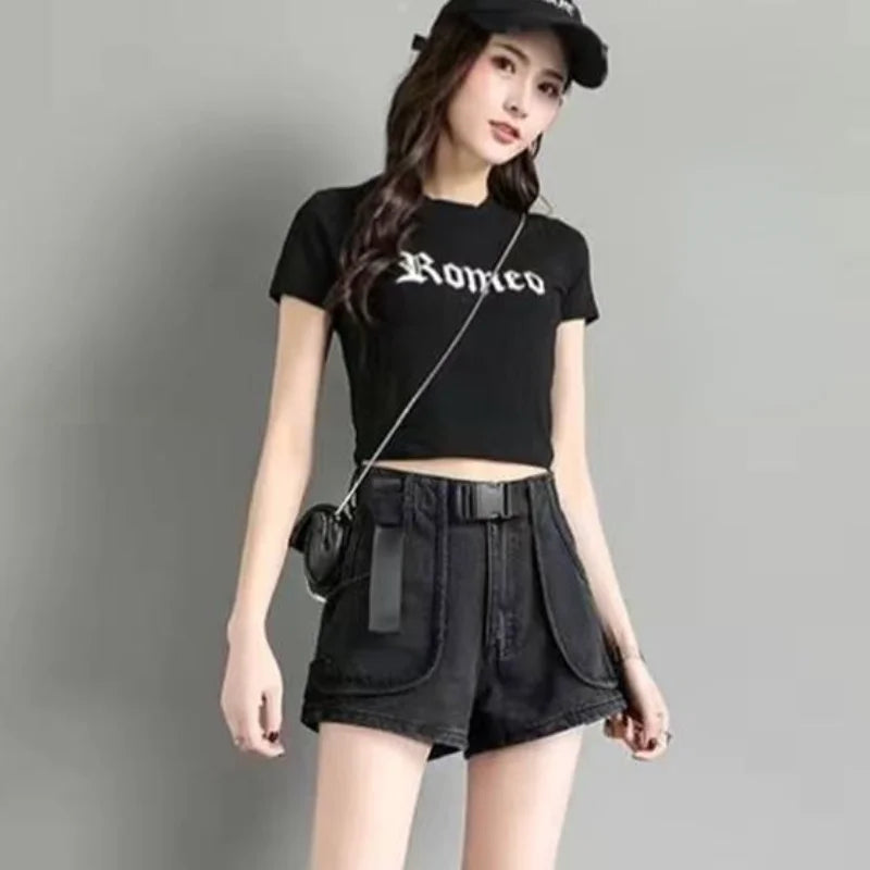 Punk Womens Denim Shorts Cargo Black Biker Short Pants For Women To Wear With Waist Pocket Outdoor Offer High Quality Hot Jeans