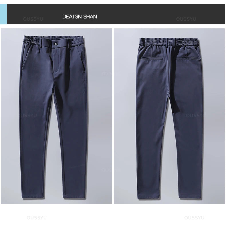 Autumn Winter Casual Pants Men Thick Business Stretch Slim Elastic Waist Jogger Korean Classic Black Gray Blue Trouser Male
