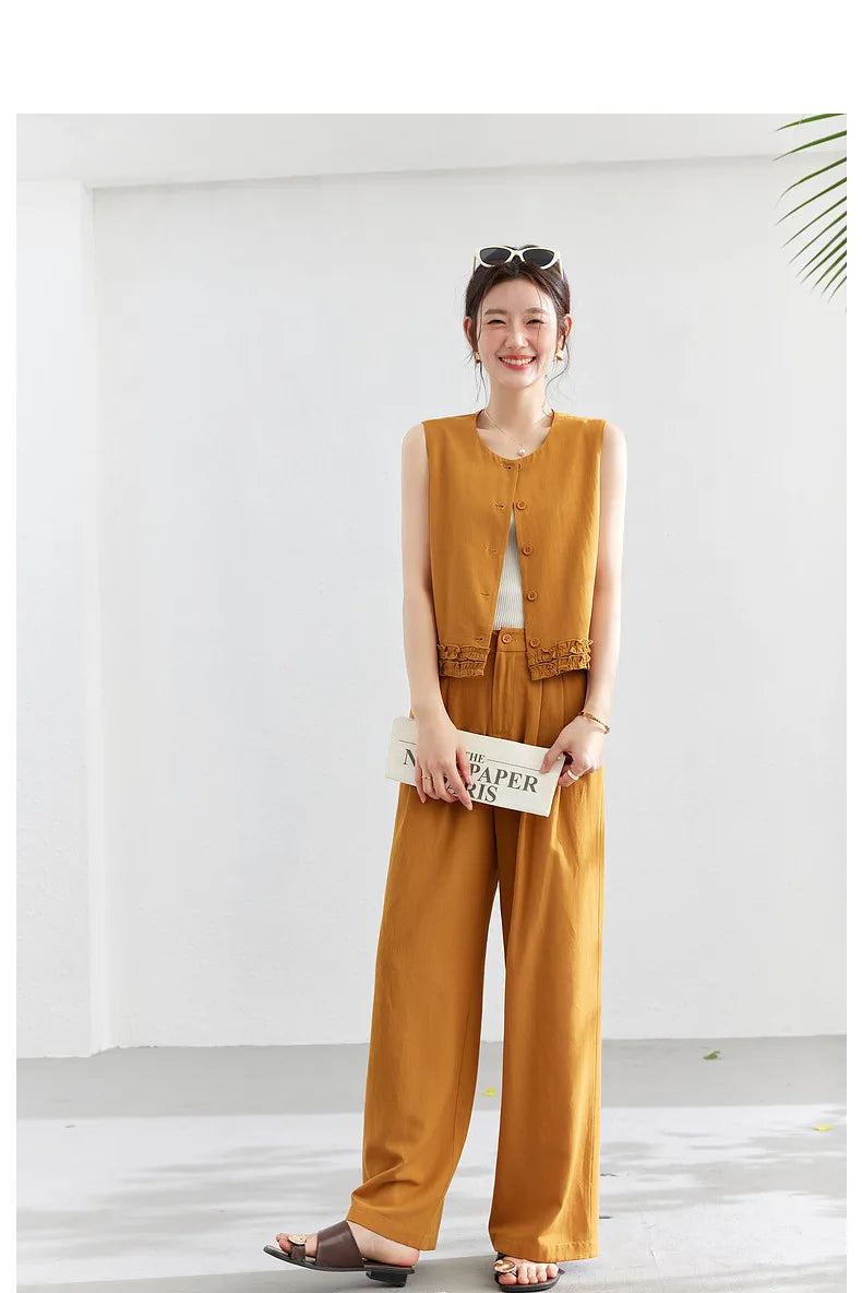 VIMLY Office Two-Piece Set Women 2026 Summer New Fashion Ruffle Hem Cropped Sleeveless Vest Wide Leg Pants Casual Outfit A6153
