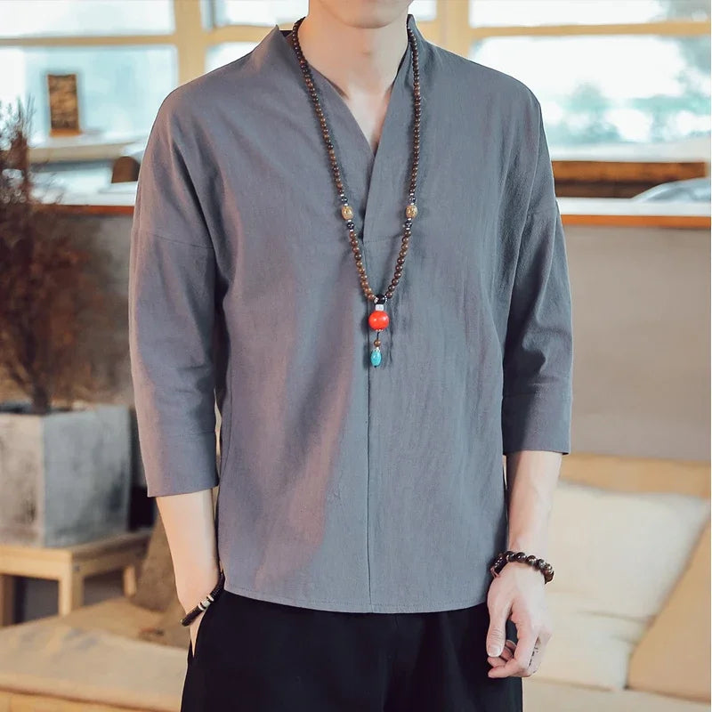 Summer Kimono Japanese Style Short Sleeve Men New Half-sleeved Cotton Linen Breathable Men Clothing T-shirt Japanese Yukata Tops