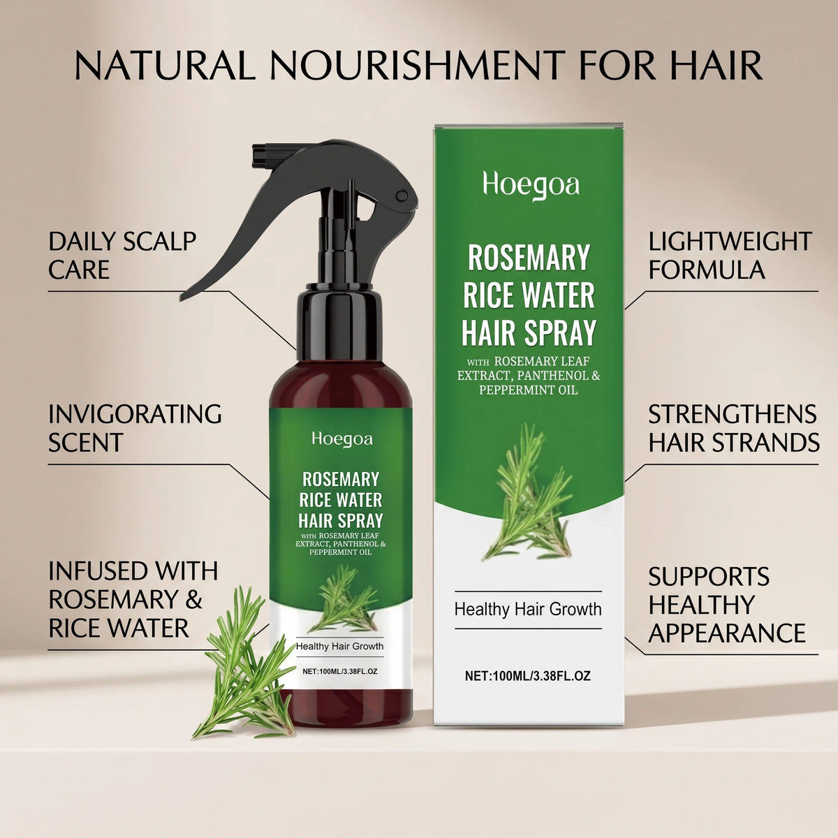 Rosemary Rice Water Hair Spray for Dry Frizzy Hair Nourishing Scalp Repair Damaged Hair Strengthen Weak Roots Reduce Breakage