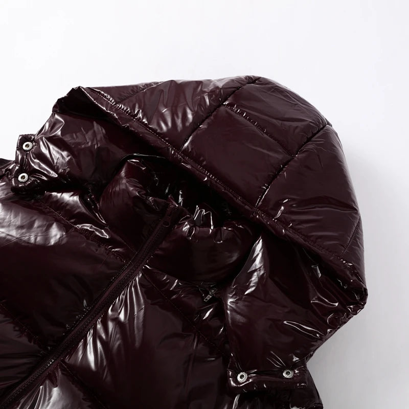 High Street Women's Glossy Zipper Hooded Coats Warm Elastic Waist Pleated Short Cotton Female Jacket 2026 Winter New Lady Outfit