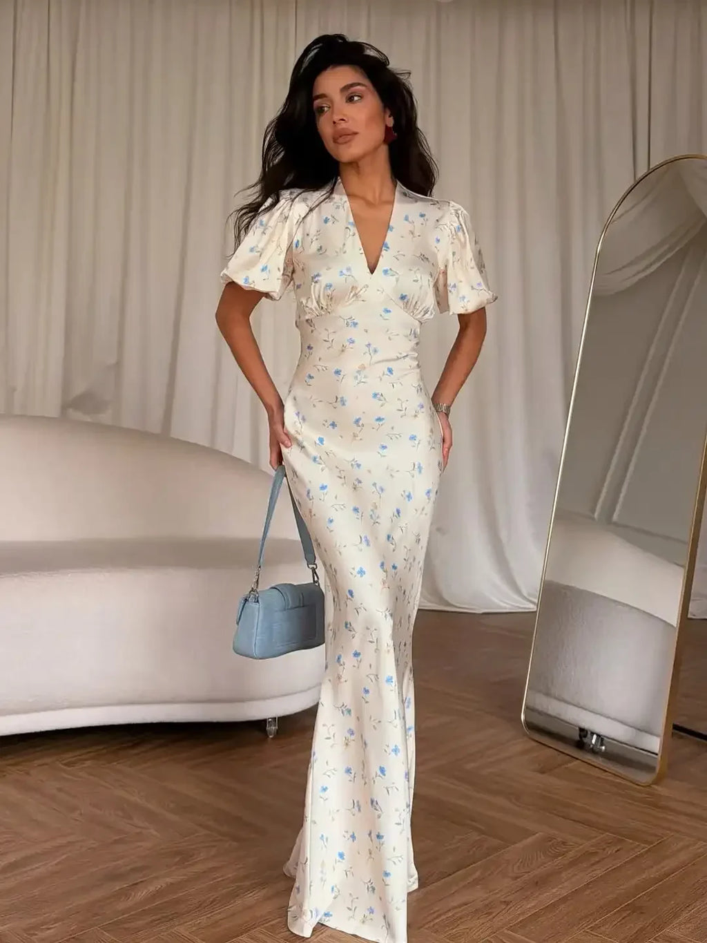 Elegant Printed V-neck Maxi Dress Women Fashion Satin Puff Short Sleeve High Waist Slim Long Dresses 2026 Summer Lady Party Robe