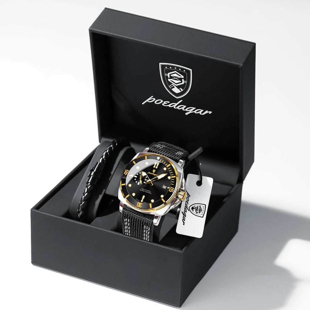 POEDAGAR Sport Military Men Clock Waterproof Luminous Date Top Luxury Watch For Man Nylon Leather Quartz Men's Watches Reloj+Box