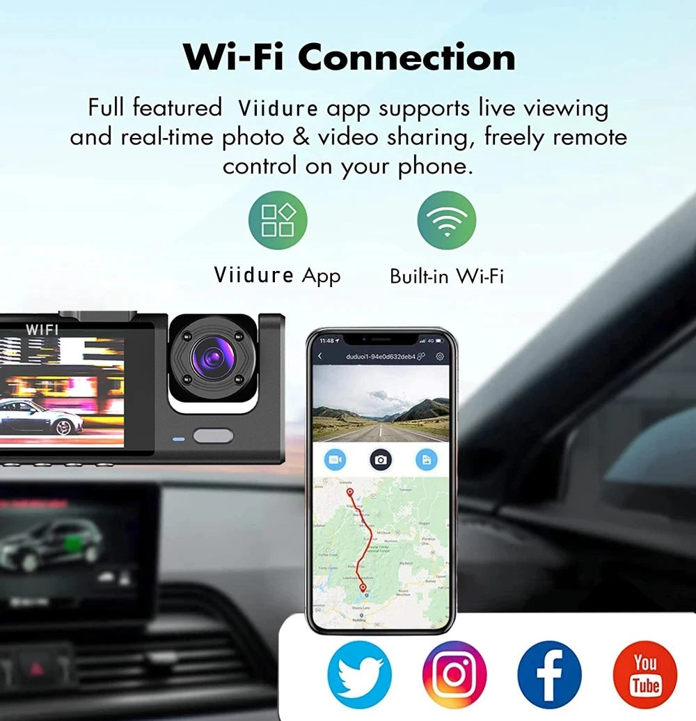 WIFI-3 Camera Dash Cam For Car Camera FHD 1080P Video Recorder Car DVR Front Rear View Camera Night Vision Black Box Car Dashcam