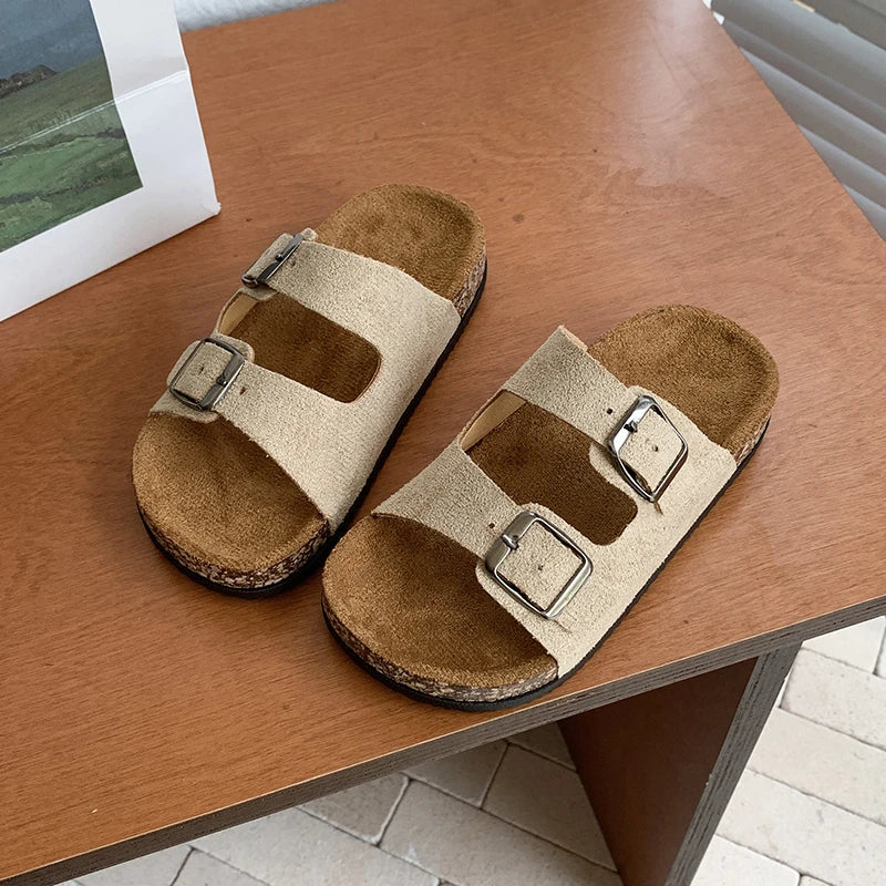 Summer Toddler Kids Boys Girls Suede Cork Slide Sandals Double Buckle Non-Slip Soft Sole for Indoor Outdoor Daily Casual Wear