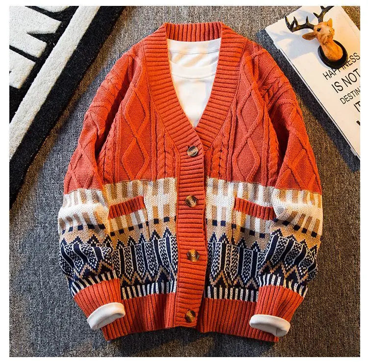 2023 New Autumn and Winter Retro Patchwork Diamond V-neck Color Matching Loose and Handsome Casual Knitted Cardigan for Men