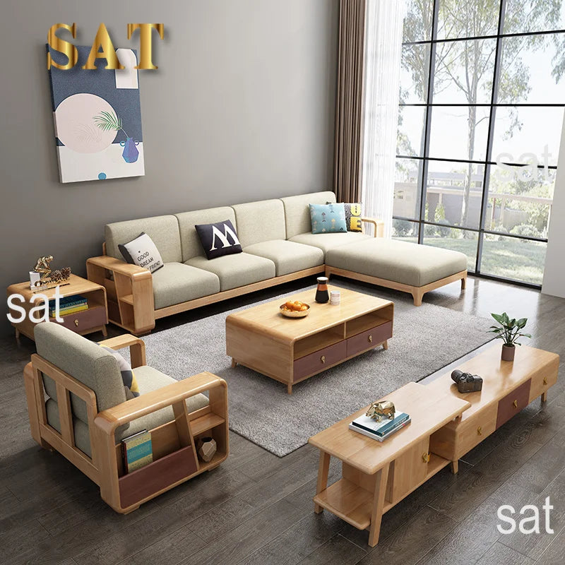 #Nordic Type Simple Modern Solid Wood Sofa Set Furniture Living Room Fabric Sectional Sofa