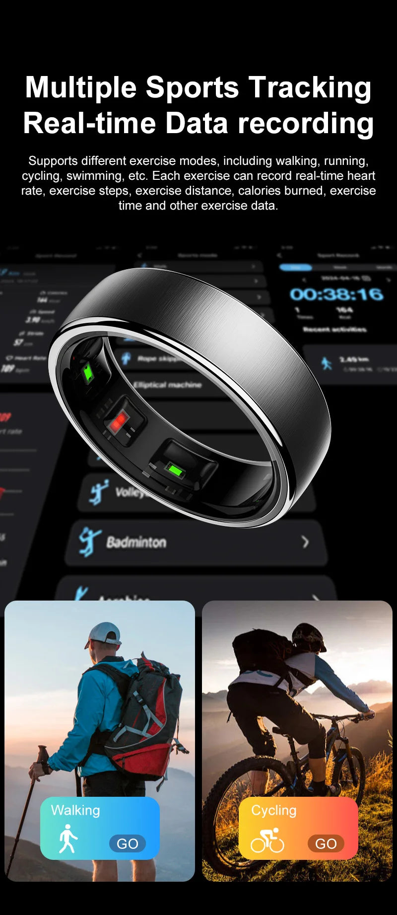 2026 New Smart Ring Men Women, Heart Rate Blood Oxygen and Sleep Monitor Smartring IP68 & 5ATM Waterproof, Multi-sport Mode Ring