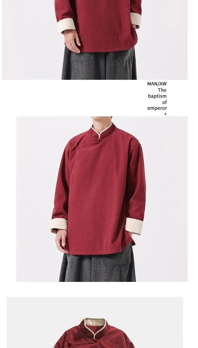 Autumn Winter Chinese Style Blouse Long-sleeved Jacket Men's Chinese Tang Suit Hanfu Lay Buddhist Zen Suit Tea Suit Slanted Top