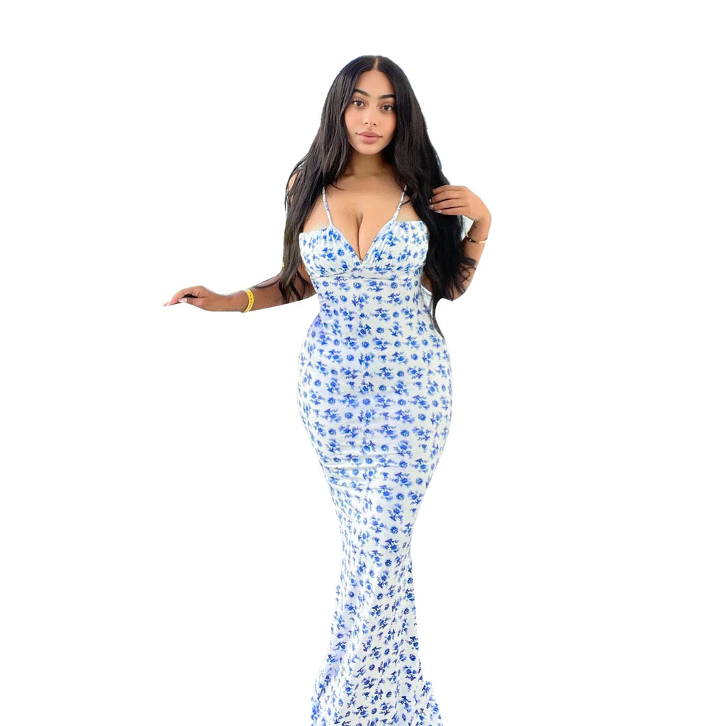 Hugcitar Floral Print Sleeveless Backless Slips Lace Up Maxi Dress Sexy Bodycon Summer Elegant Outfits Holiday Party Wholesale