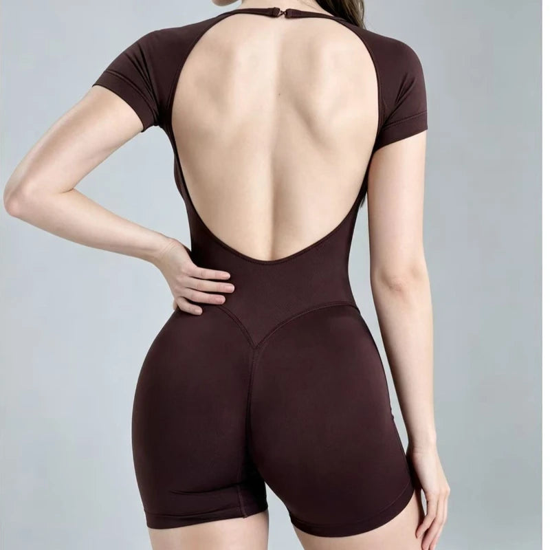 DFYZHE Multicolor One-Piece Seamless Backless Women's Fitness Outfit Yoga Slim-Fit Running and Workout Short-Sleeve Jumpsuit