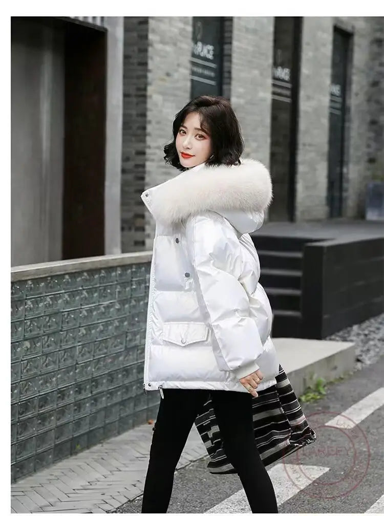 2026 Winter Fashion New Warm Duck Down Jacket Women's Clothes Glossy Fur collar Thicken Parka Short Down Coat Female Trend