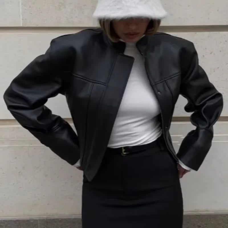 Stylish Cool Girl Faux Short Leather Jacket Elegant Luxury Vintage Smooth Button Coat Women's 2026 Motorcycle High Street Tops