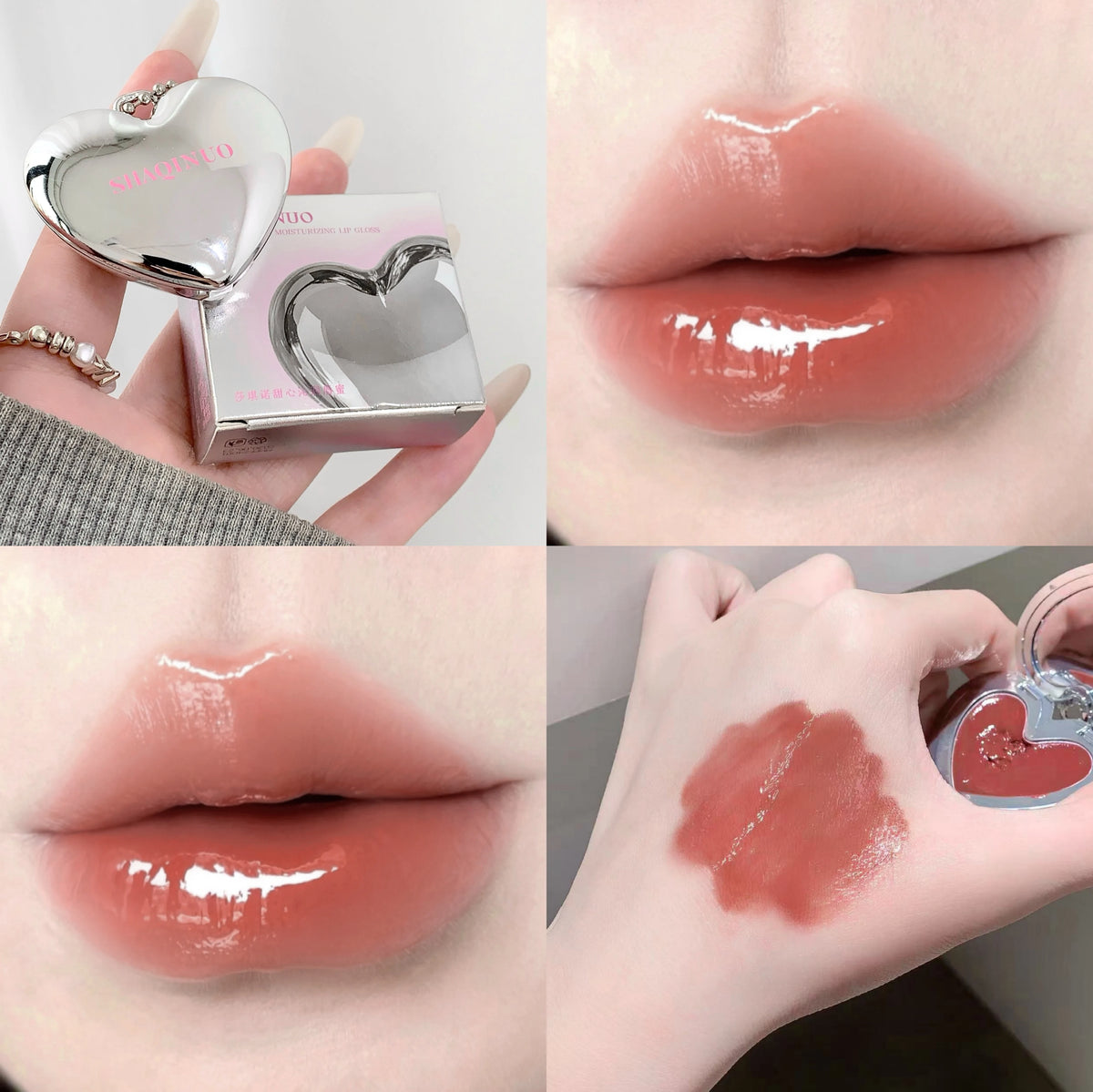 SHAQINUO Heart Shape Water Light Lip Llaze Mirror Pendant Lipstick Lip Gloss, Hydrating Moisturizing, Long Lasting