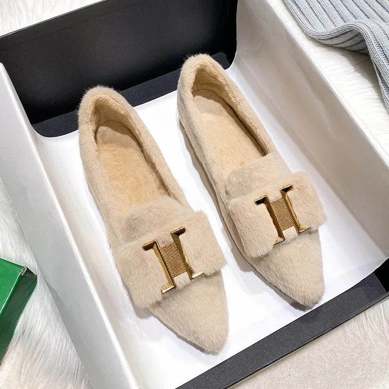 Flats Shoes for Women 2024 New Autumn Pointed Flat Mink Fur Winter Shoes Velvet Women's Loafers Ladies Shoes Plus Size 41 42 43