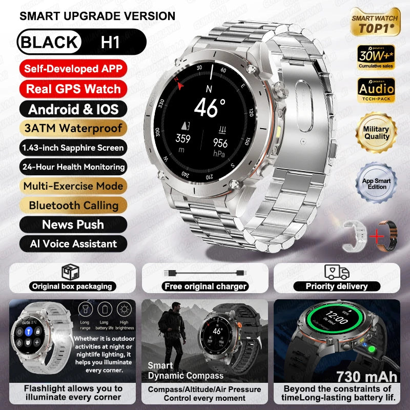 2026 New GPS Smart Watches 10 ATM Waterproof Built-in Dual-band GNSS Compass Military Sport Men SWIM Smartwatch For Android IOS