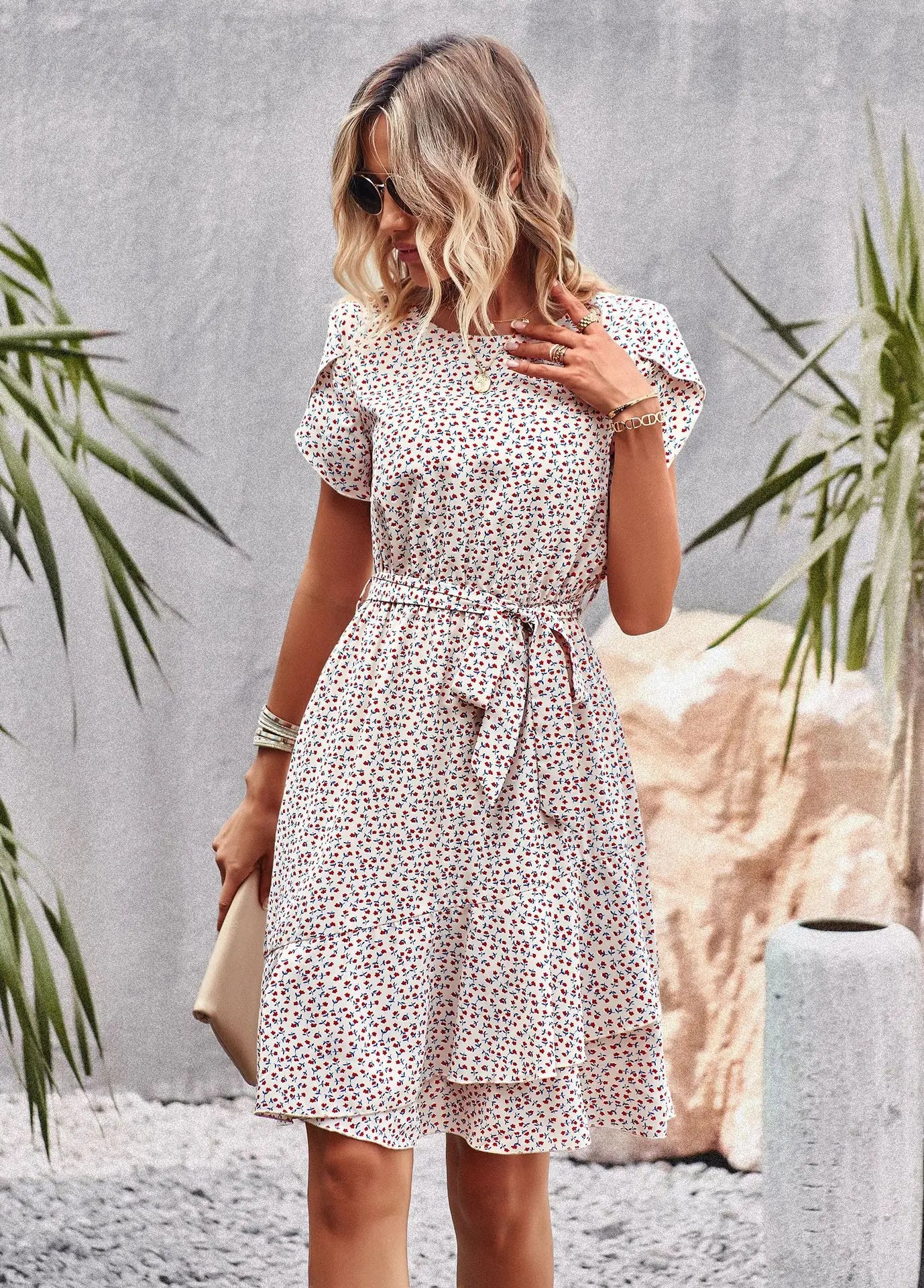 Msfilia Fashion O Neck Casual Printd Dress Women Summer Strap High Waist Pleated Dresses For Female