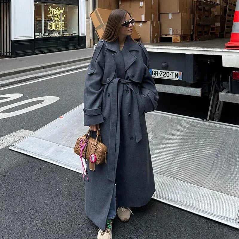 Chic Lace Up Woolen Long Trench Coat Women Gray Double Breasted Lapel Full Sleeve Pocket Coats 2026 Autumn Winter Lady Outwear
