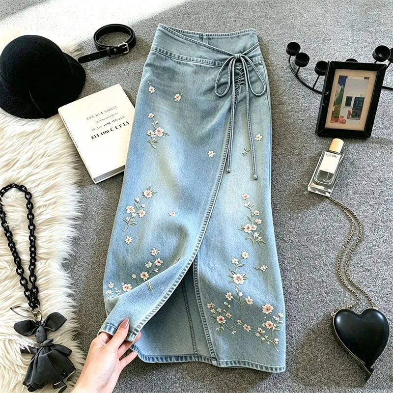 Side Slit Denim Long Skirts Womens Summer Vintage Floral Embroidery Jeans Pencil Skirt Bandage High Waist Women Long Skirt