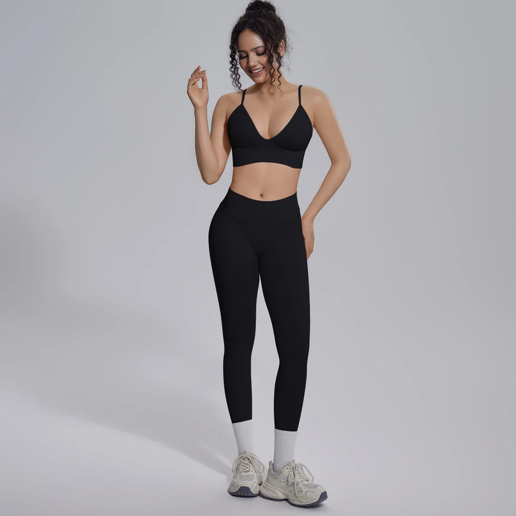 2PCS Woman Yoga Set Shockproof Workout Top Sexy Yoga Bra with Chest Pad High Stretch Seamless Fitness Pants Gym Yoga Set