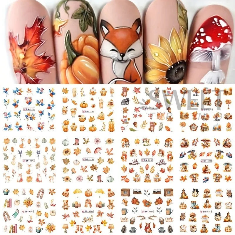 12 Designs Autumn Maple Leaf Squirrel Pumpkin Water Nail Stickers Fall Season Element Watermark Sliders DIY Manicure Decal Foils