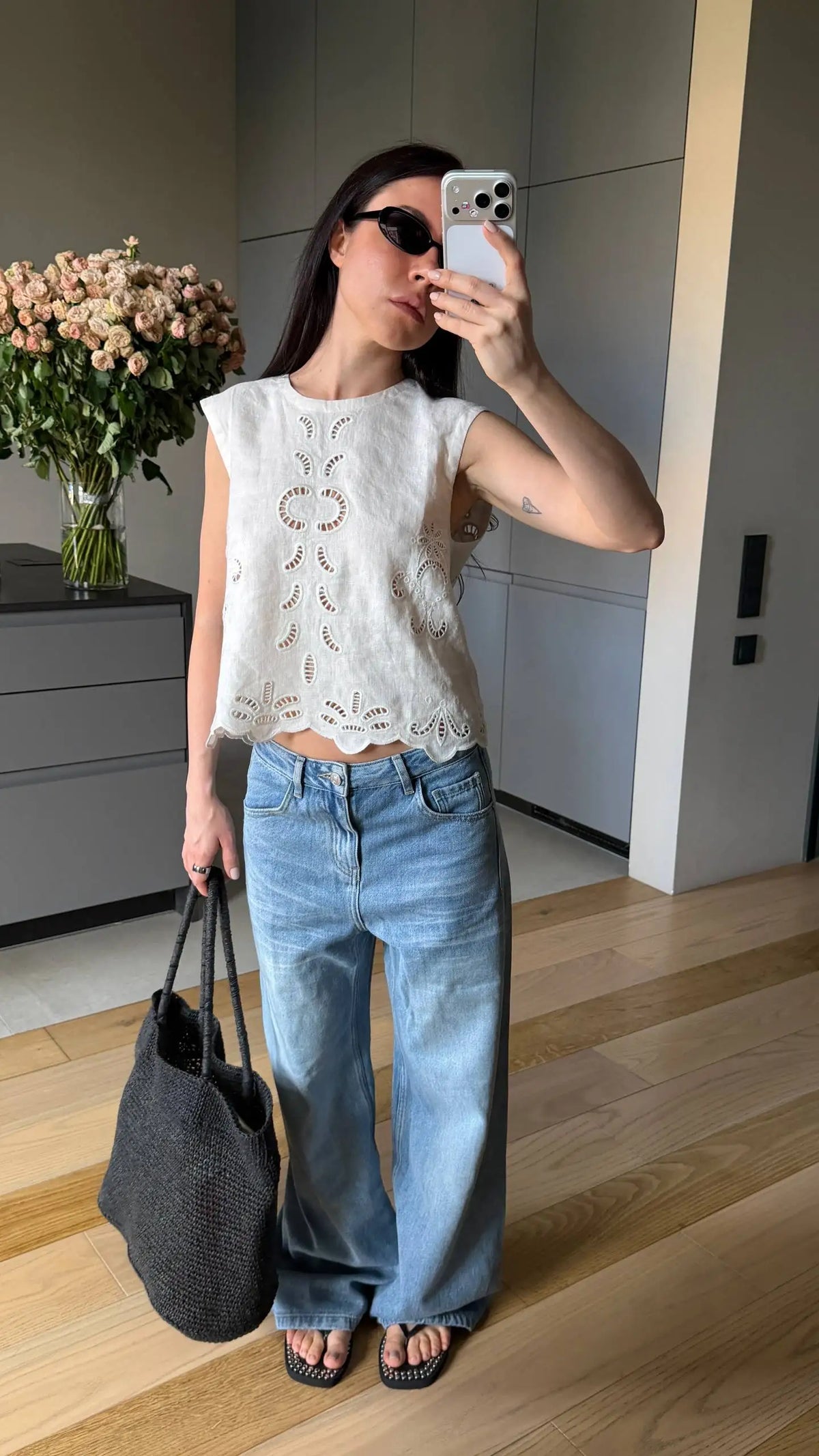 FSLE New Summer Women‘s Wide Leg Jeans Vintage Washed Straight Wide Leg Pants High Waist Denim Trousers Casual Street Style Chic