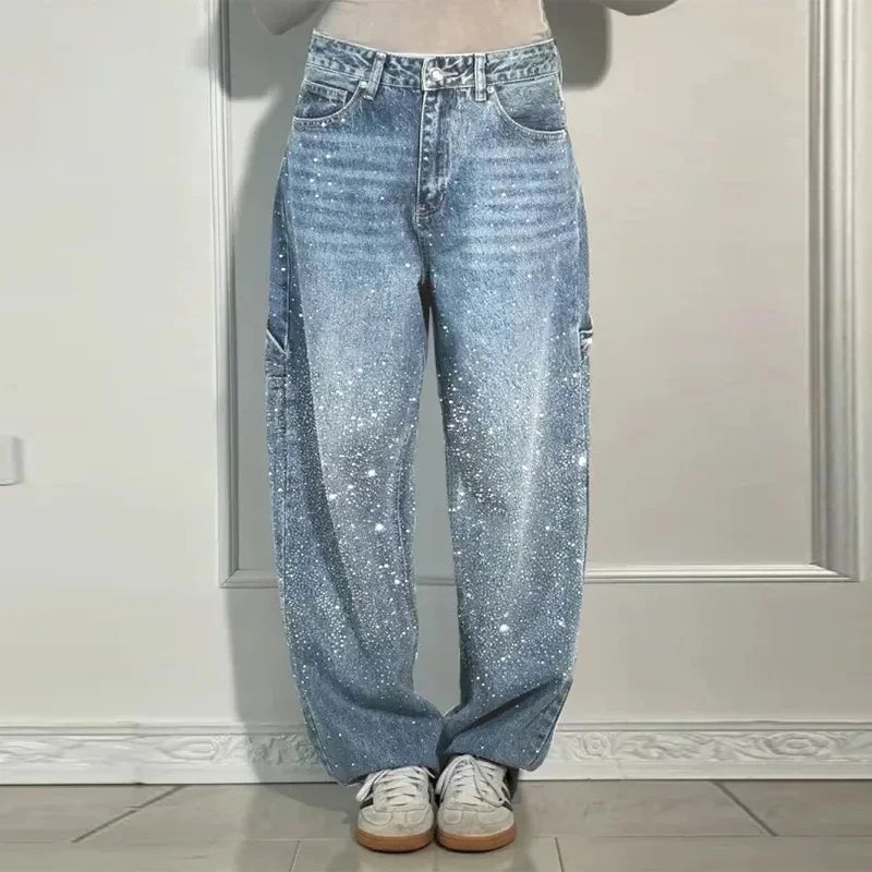 Shiny Rhinestone Baggy Women's Wide Leg Jeans Full Diamond Wide Leg Dragging Denim Pants Vintage Washed Pants Casual Trousers