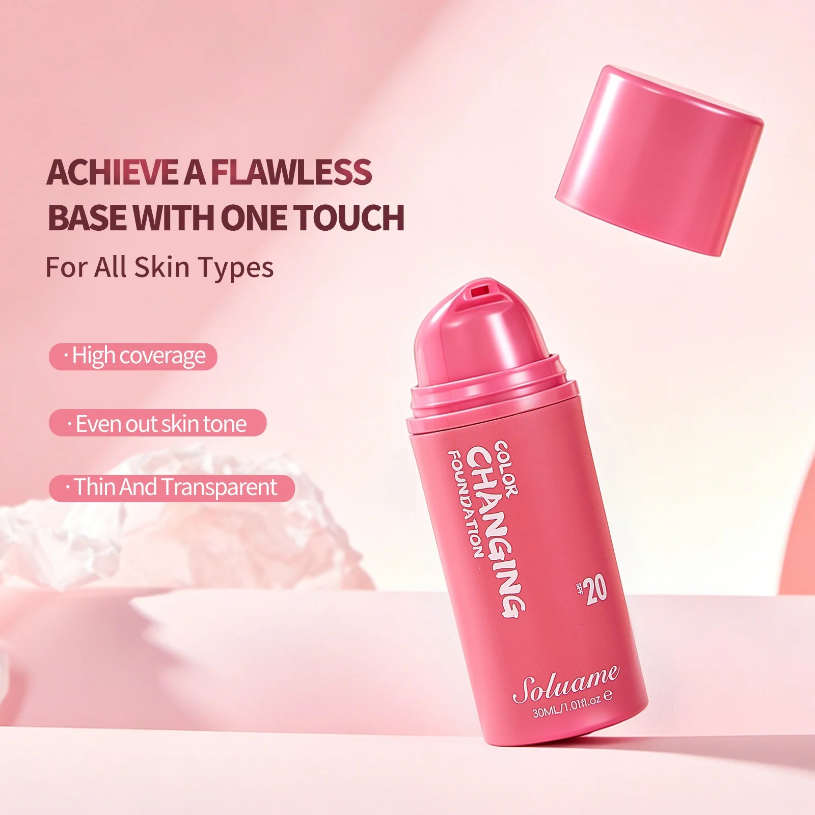 Color Changing Foundation Spf 20 Sunscreen Face Makeup, 30ml, Flawless Coverage Self-Adjusting Liquid Foundation for Natural Look