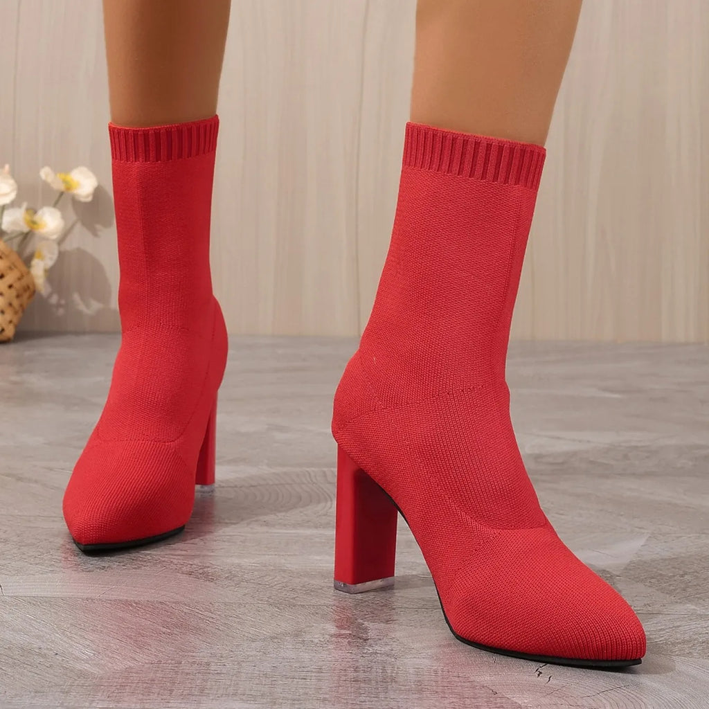 2024 New Autumn Winter Thick High-heeled All-match Thin and Thin Boots Women's Pointed Toe Mid-tube Elastic Socks Boots Women